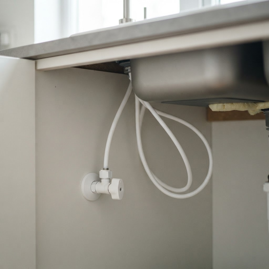 Small white flexible plastic water tubing under sink
