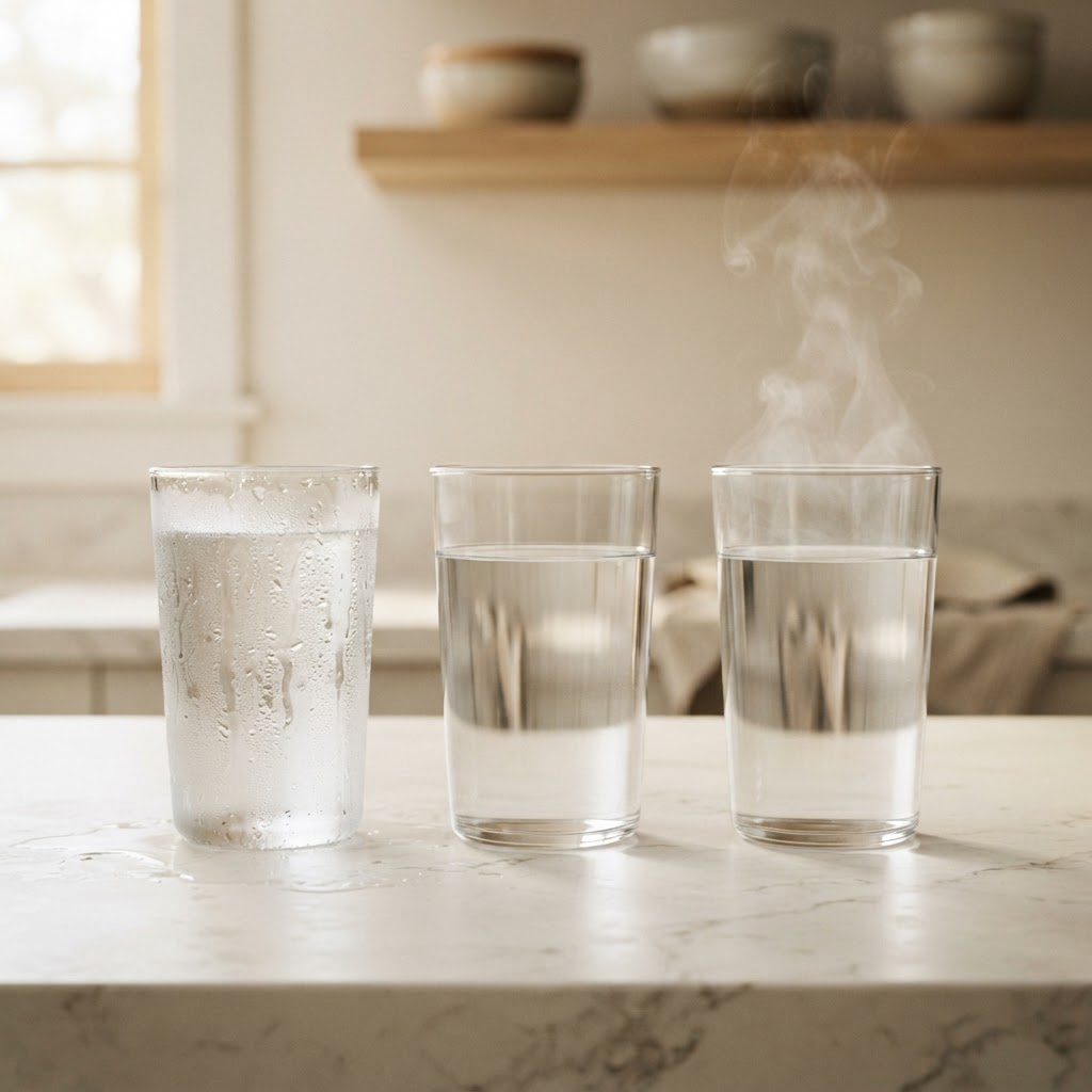 Cold water with condensation, hot water with steam, and room-temperature water side by side