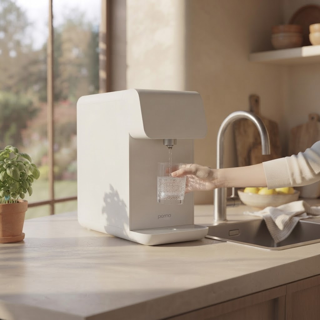 pema water system pouring a glass of water in a modern kitchen