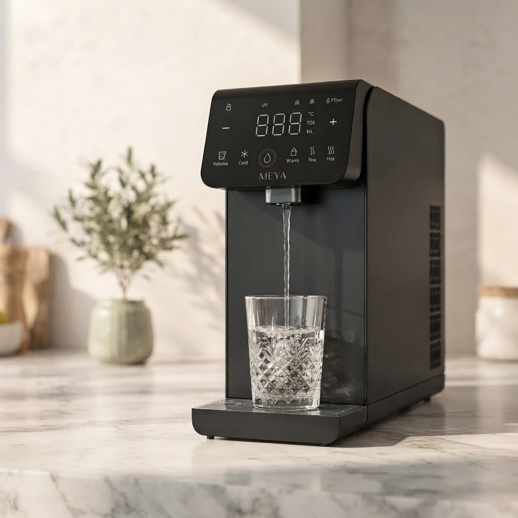 MEYA water system on a marble countertop