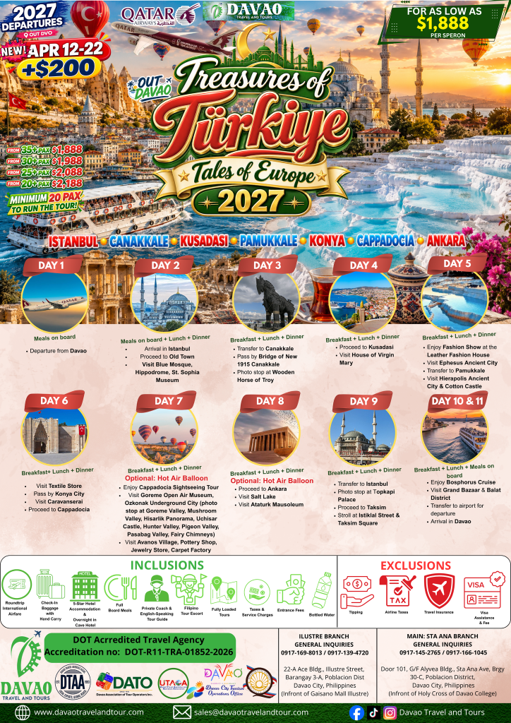 Treasures of Türkiye – Tales of Europe 2027 | 11D Tour (Out Davao, via Qatar Airways)