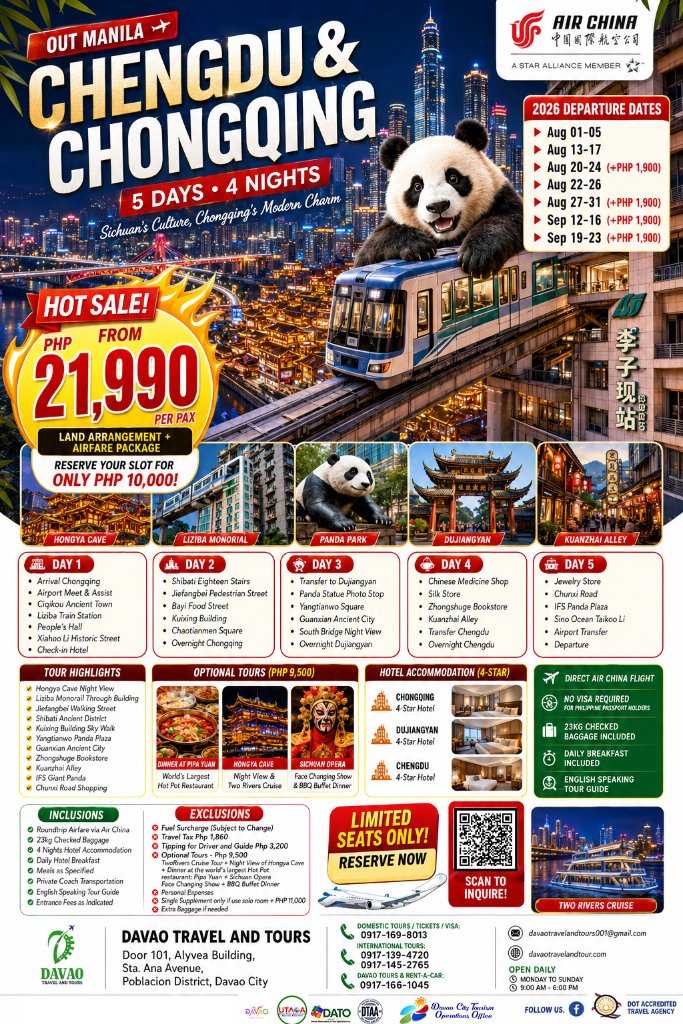 Chengdu & Chongqing 5D4N Tour — Sichuan's Culture, Chongqing's Modern Charm (Out Manila via Air China)