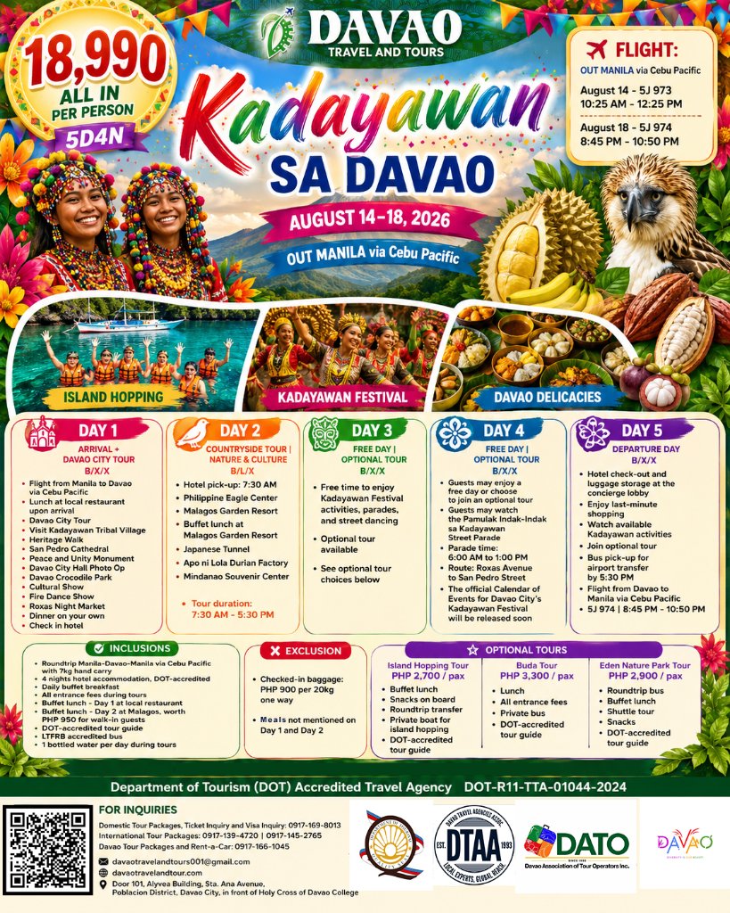5D4N Kadayawan sa Davao (Out Manila via Cebu Pacific)