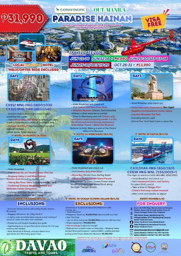 Paradise Hainan 6D5N (Sanya Helicopter & Ocean Flower Island)