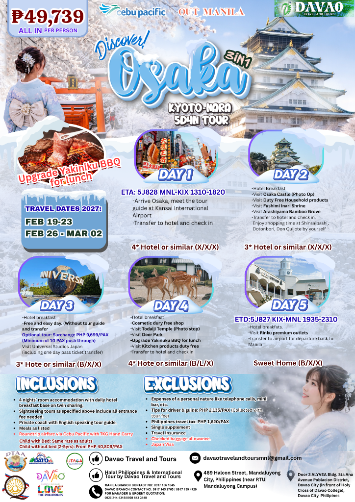 Osaka – Kyoto – Nara 5D4N (Feb 2027 Promo)