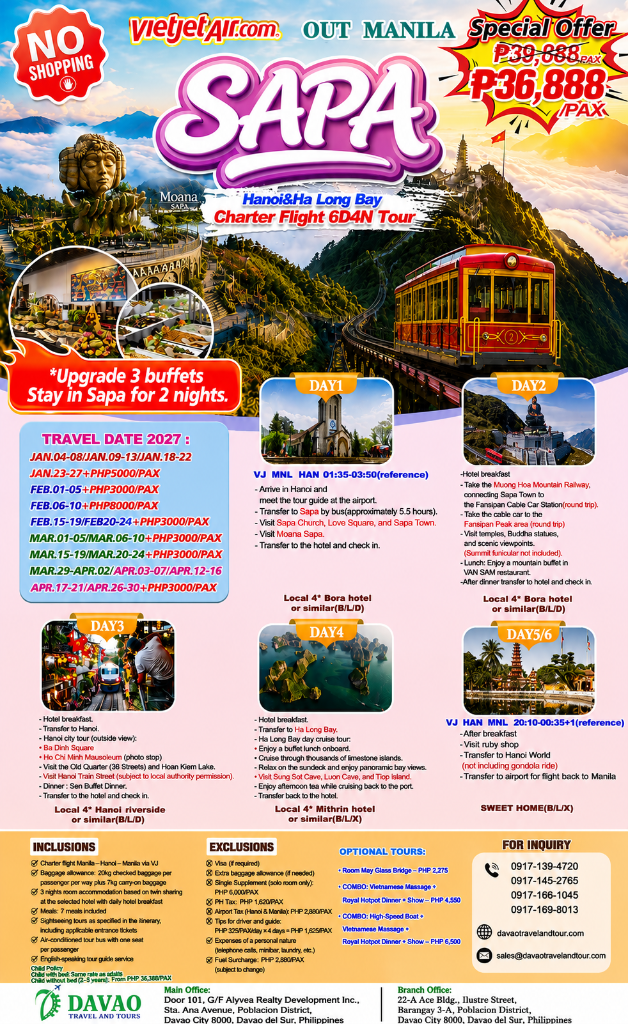 Sapa – Hanoi & Ha Long Bay Charter Flight 6D4N Tour (Out Manila via VietJet Air)