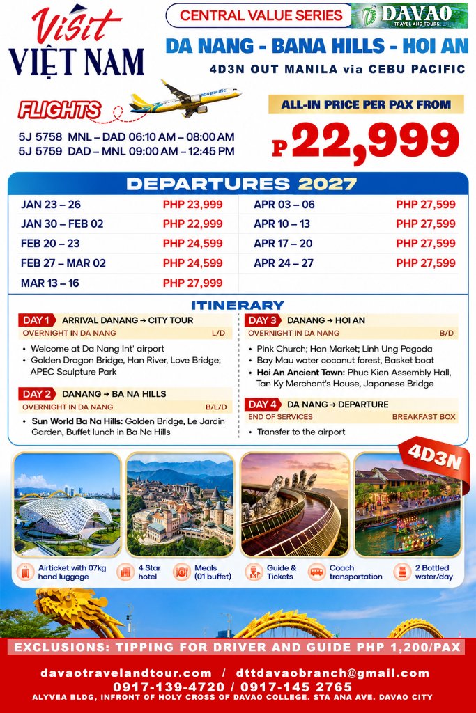 4D3N Da Nang – Bana Hills – Hoi An (Out Manila via Cebu Pacific)