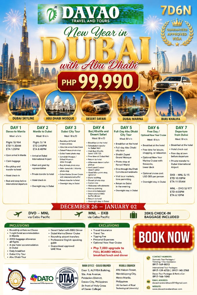 New Year in Dubai with Abu Dhabi 7D6N — Guaranteed Approved Visa (Out Davao via Cebu Pacific)
