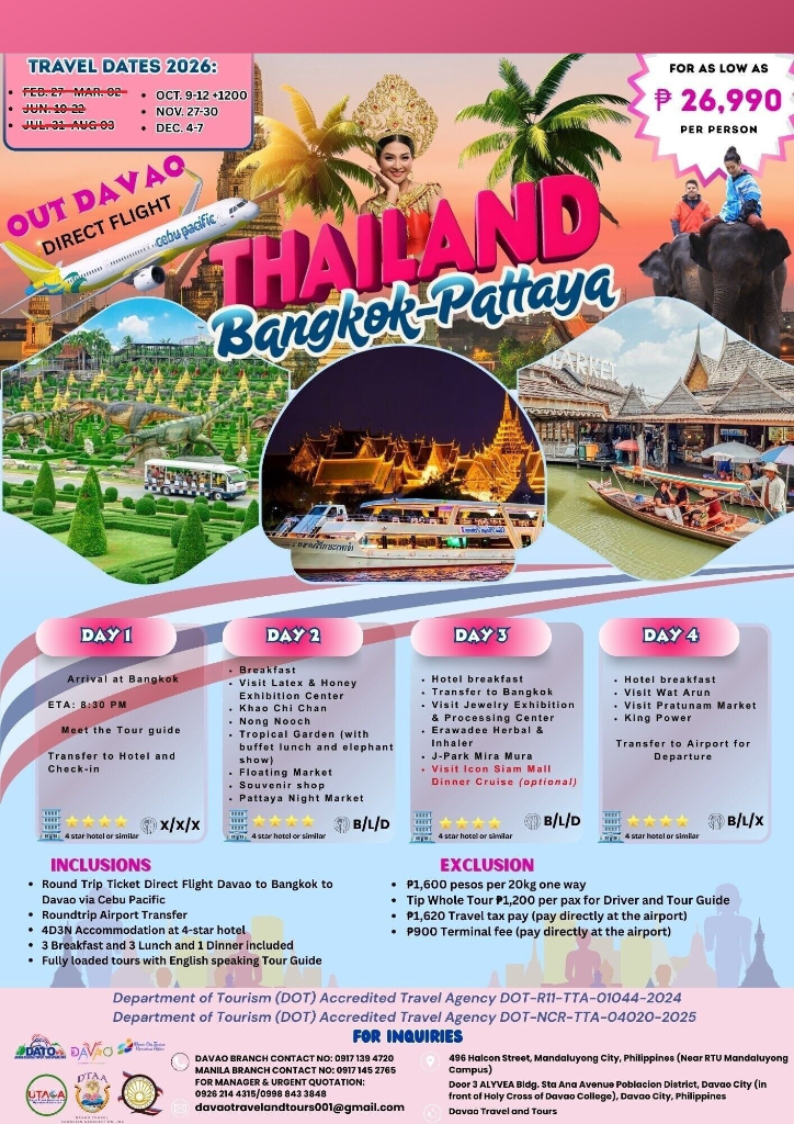Bangkok – Pattaya 4D3N (Direct from Davao)