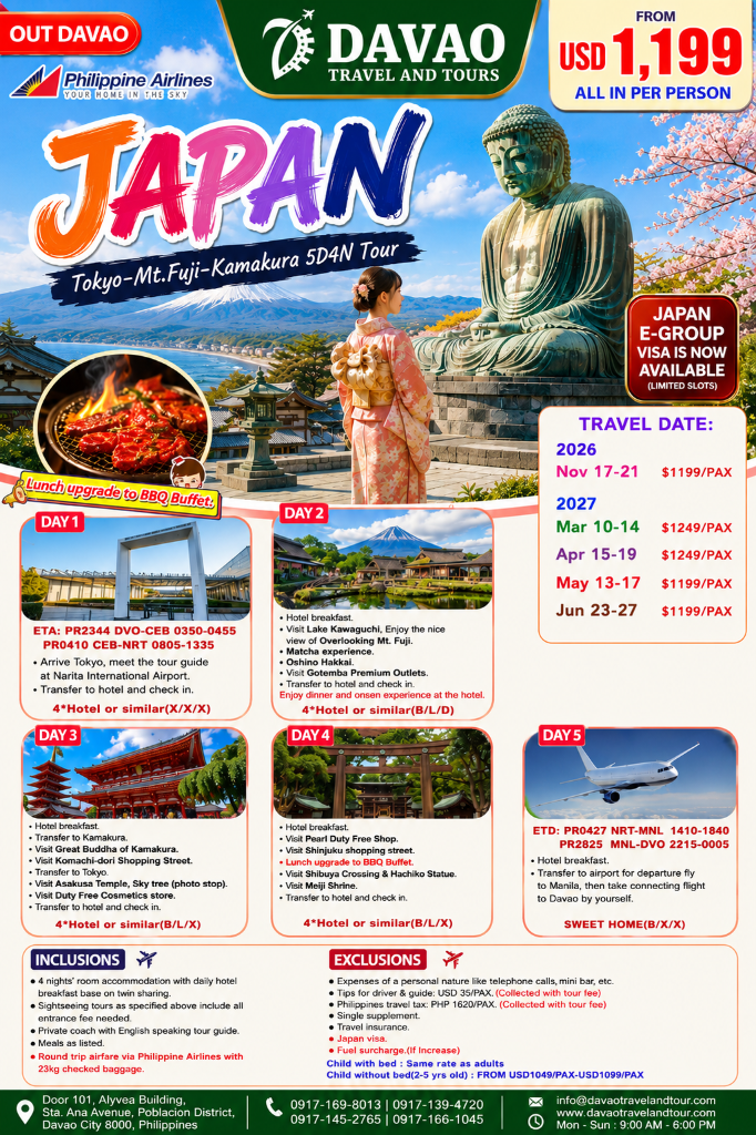 Japan — Tokyo • Mt. Fuji • Kamakura 5D4N Tour (Out Davao via Philippine Airlines)