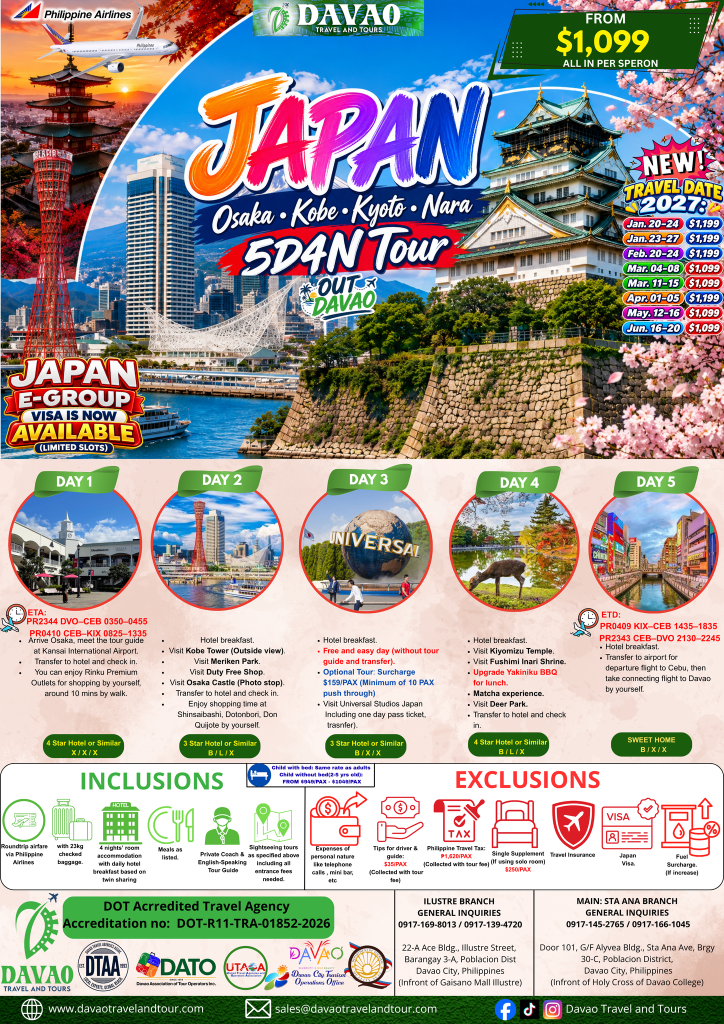 JAPAN – Osaka, Kobe, Kyoto, Nara | 5D4N Tour (Out Davao, via Philippine Airlines)