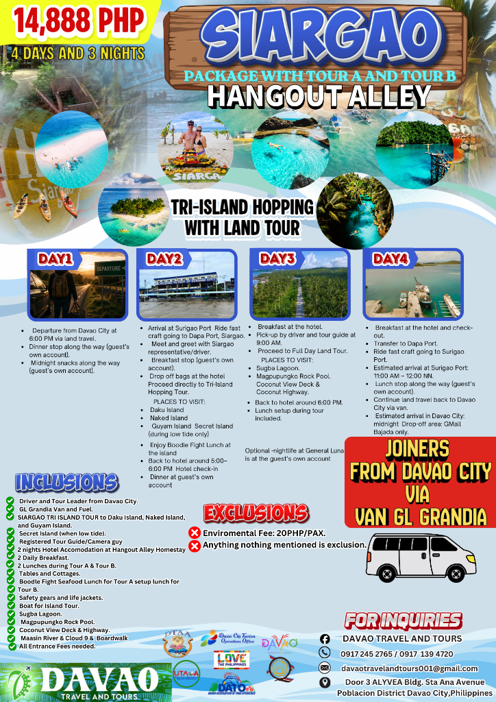 4D3N Siargao — Hangout Alley (Tri-Island Hopping with Land Tour)