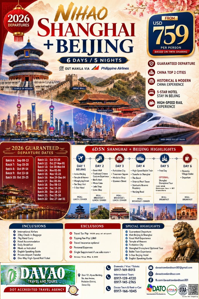 Nihao Shanghai + Beijing 6D5N Tour (Out Manila via Philippine Airlines)
