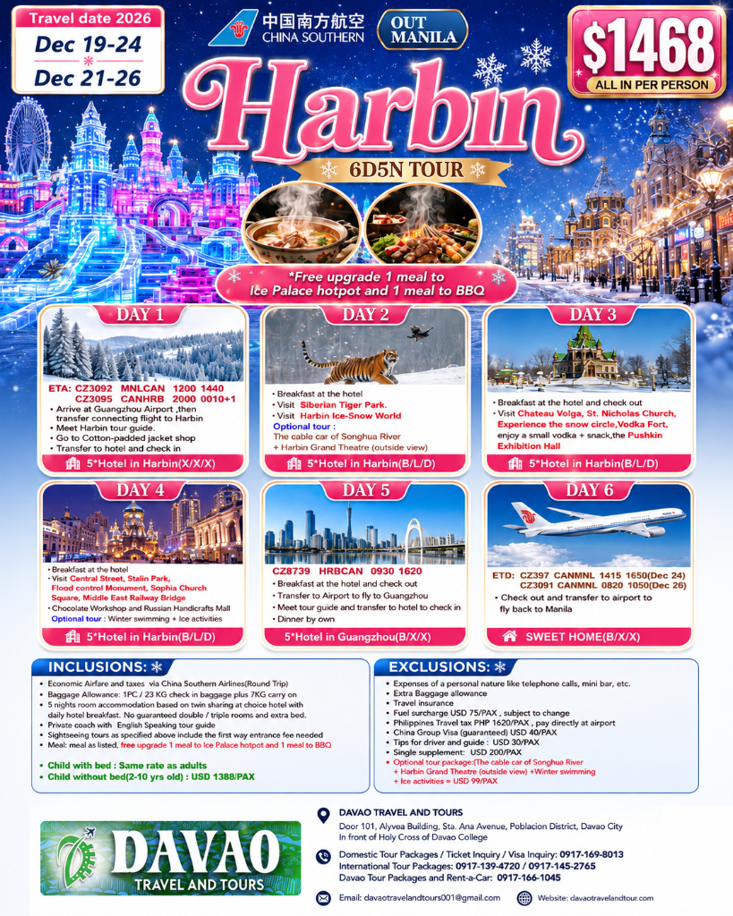 Harbin 6D5N Tour (Out Manila via China Southern Airlines)
