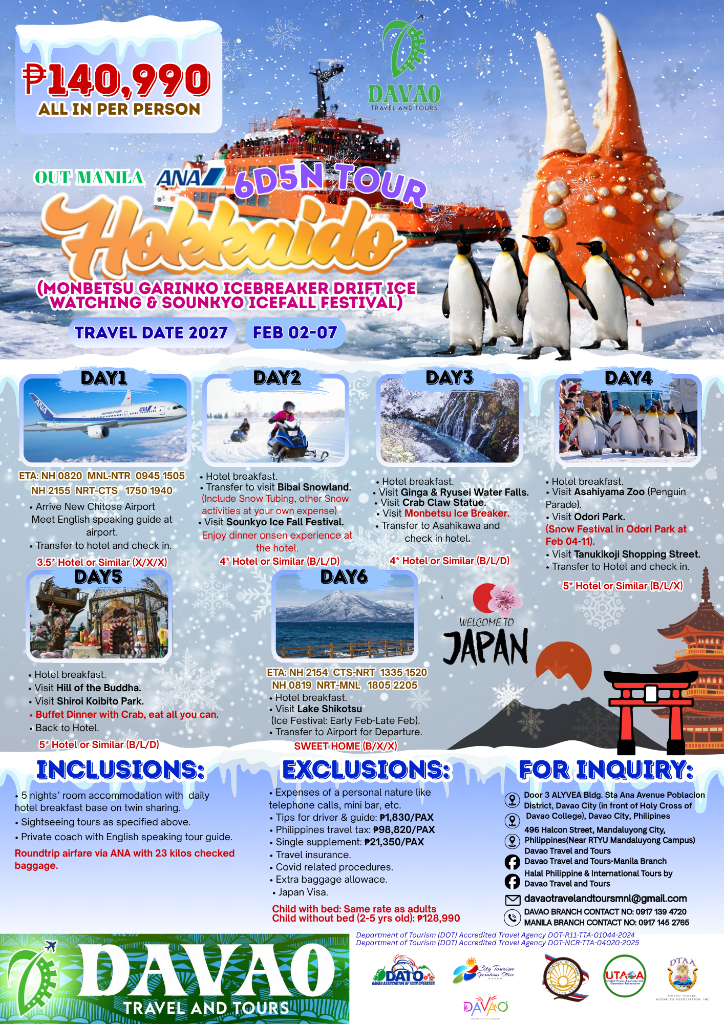 Hokkaido 6D5N Tour (Icebreaker Drift Ice + Sounkyo Ice Festival)