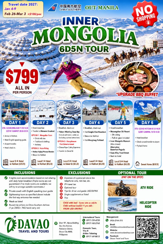 Inner Mongolia 6D5N Tour — No Shopping (Out Manila via China Southern Airlines) 2027