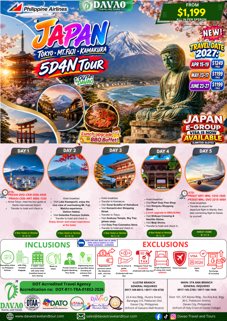 JAPAN – Tokyo, Mt. Fuji, Kamakura | 5D4N Tour (Out Davao, via Philippine Airlines)