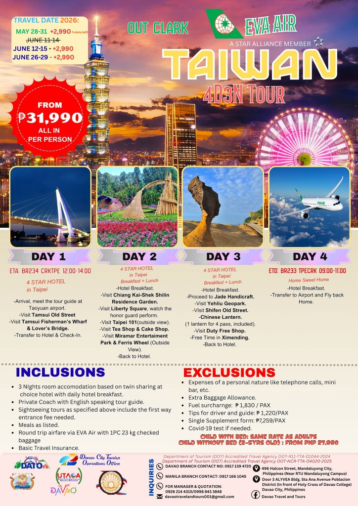 Taiwan 4D3N Tour (Out Clark – EVA Air)