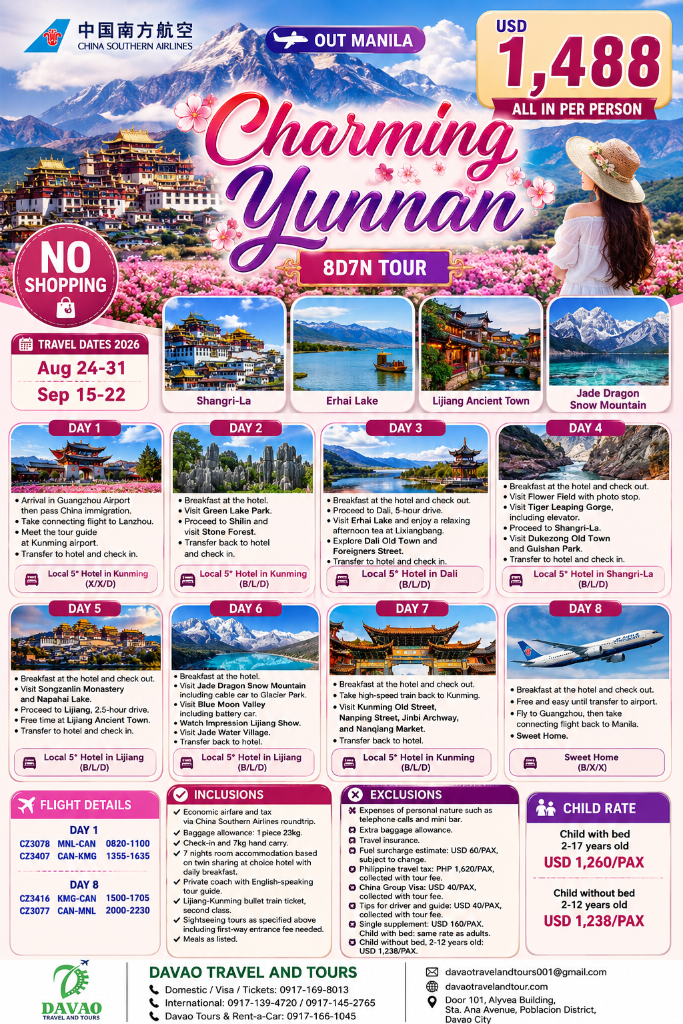 Charming Yunnan 8D7N Tour — No Shopping (Out Manila via China Southern Airlines)