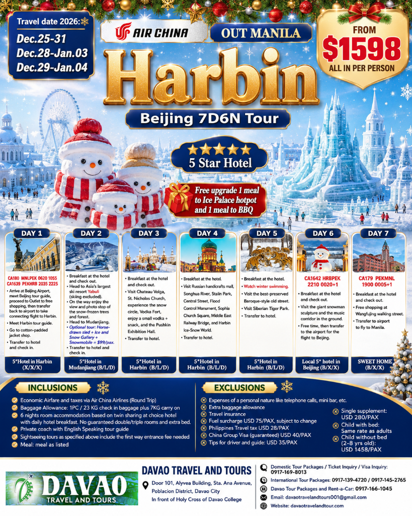 Harbin + Beijing 7D6N Tour — Christmas & New Year (Out Manila via Air China)