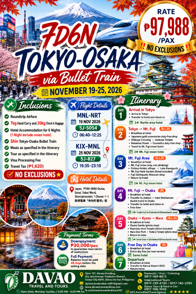 7D6N Tokyo–Osaka via Bullet Train — NO EXCLUSIONS! (Cebu Pacific)
