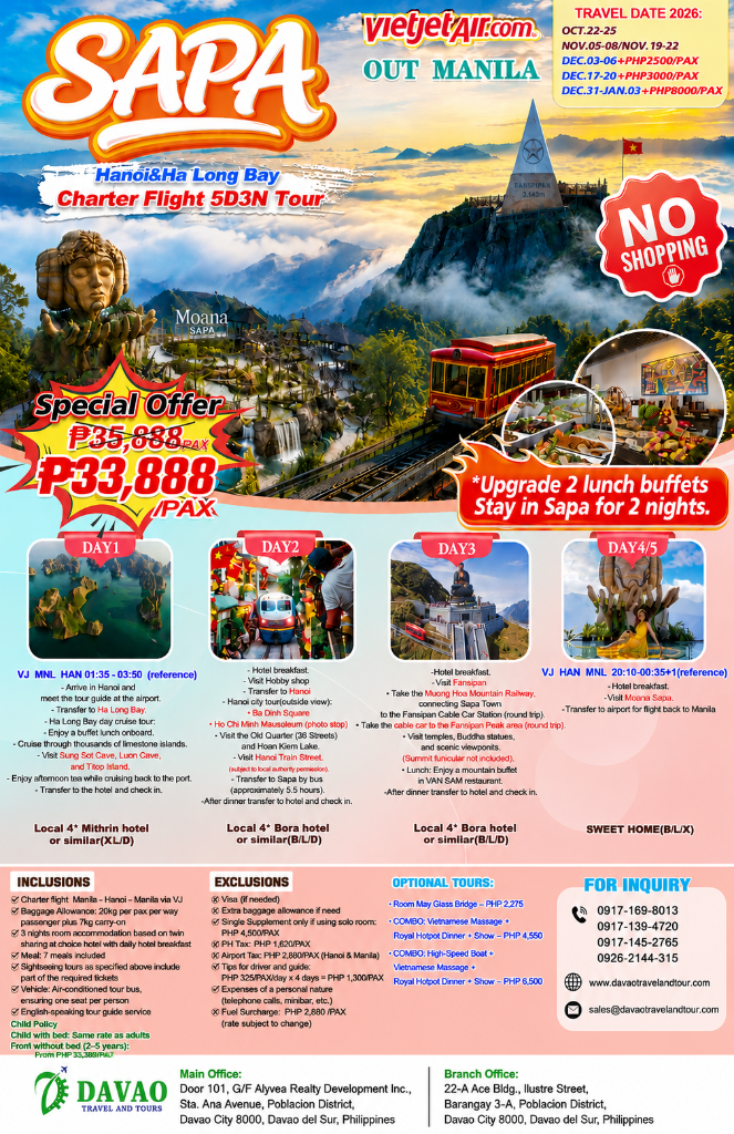 Sapa – Hanoi & Ha Long Bay Charter Flight 5D3N Tour (Out Manila via VietJet Air)