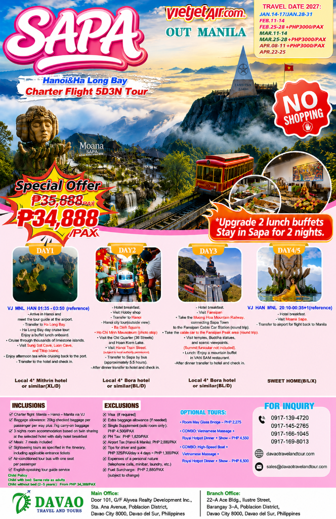 Sapa – Hanoi & Ha Long Bay Charter Flight 5D3N Tour 2027 (Out Manila via VietJet Air)
