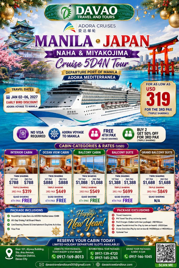 Manila β’ Japan β Naha & Miyakojima Cruise 5D4N Tour (Adora Mediterranea)
