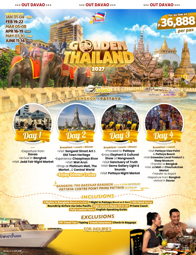 Golden Thailand 2027 — Bangkok • Pattaya 4D3N (Out Davao via Cebu Pacific)