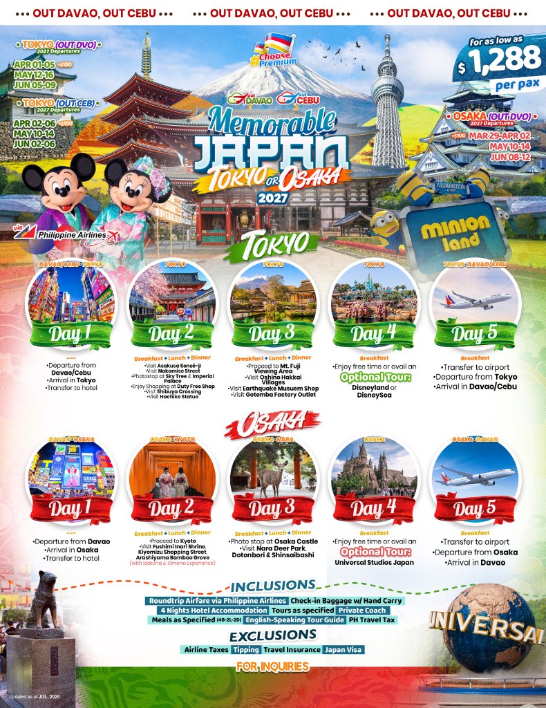 Memorable Japan — Tokyo or Osaka 5D4N 2027 (Out Davao & Out Cebu via Philippine Airlines)