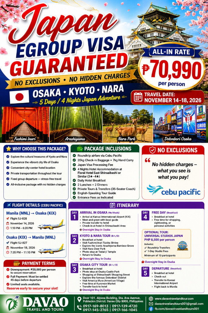 Japan eGroup Visa Guaranteed — Osaka • Kyoto • Nara 5D4N Adventure (Cebu Pacific)