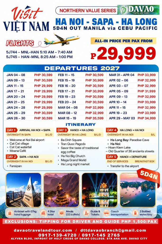 Ha Noi – Sapa – Ha Long 5D4N (Out Manila via Cebu Pacific)