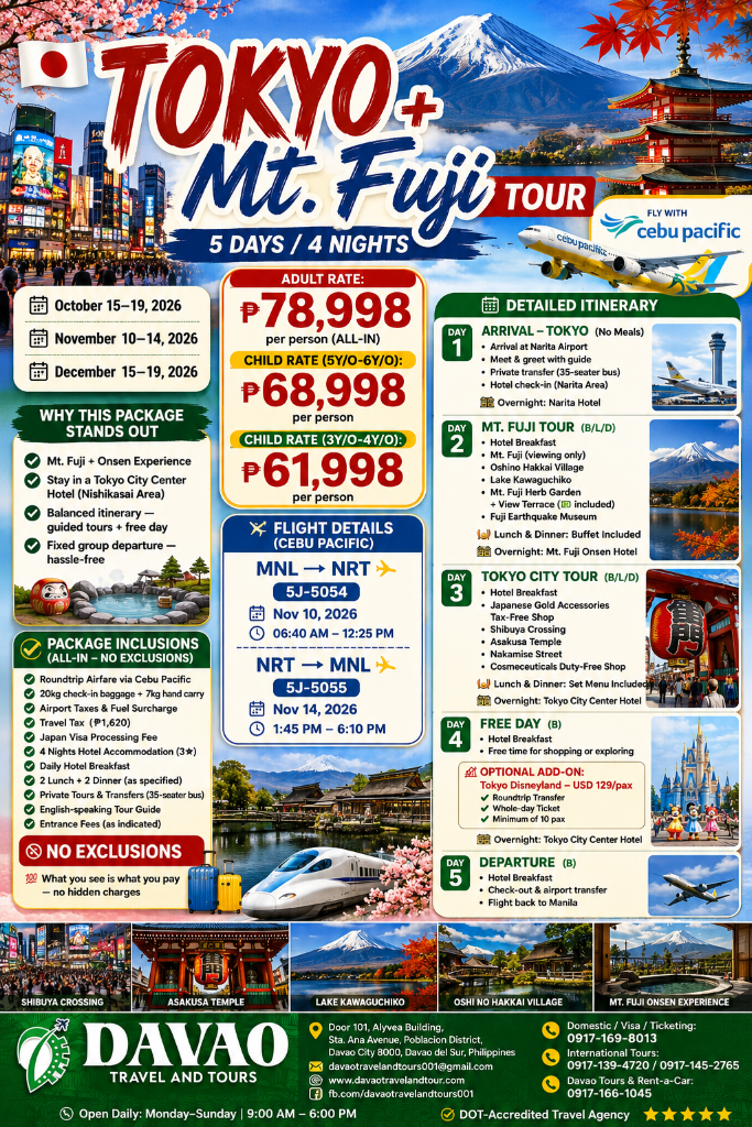Tokyo + Mt. Fuji Tour 5D4N — ALL-IN, No Exclusions! (Fly with Cebu Pacific)