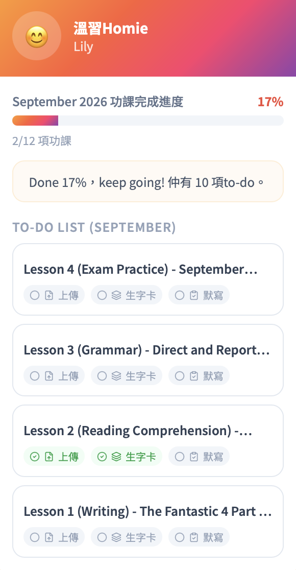 Revision Homie 進度追蹤
