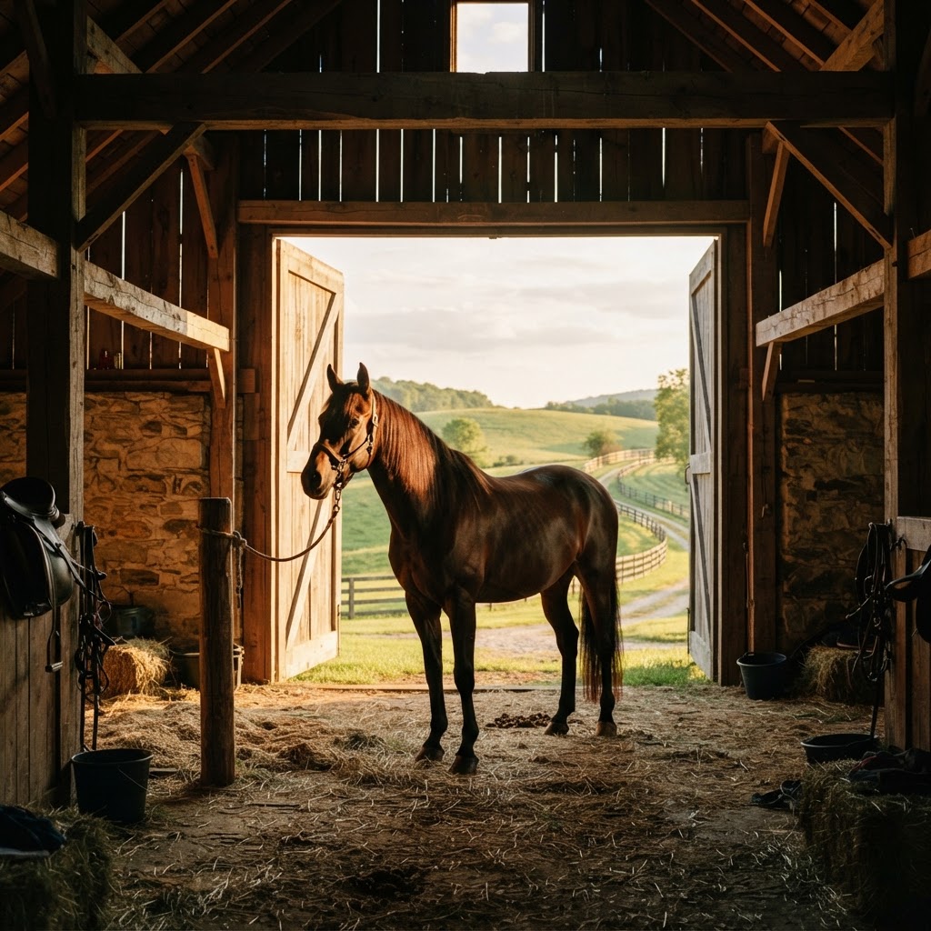 Horse in a barn overlooking rolling hills