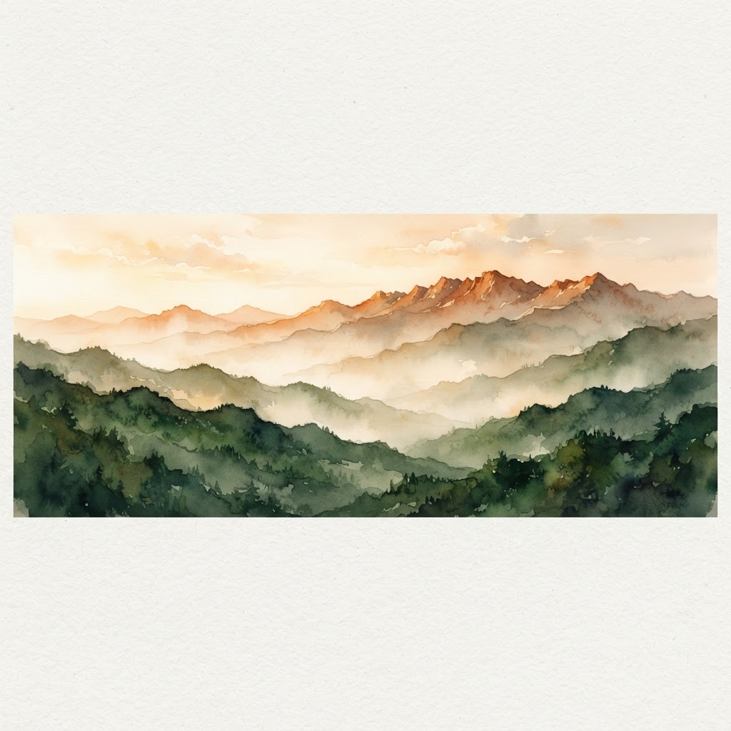 Mist forested hills at first light