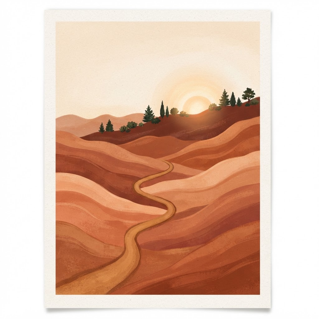An illustrated mountain trail winding through warm hills