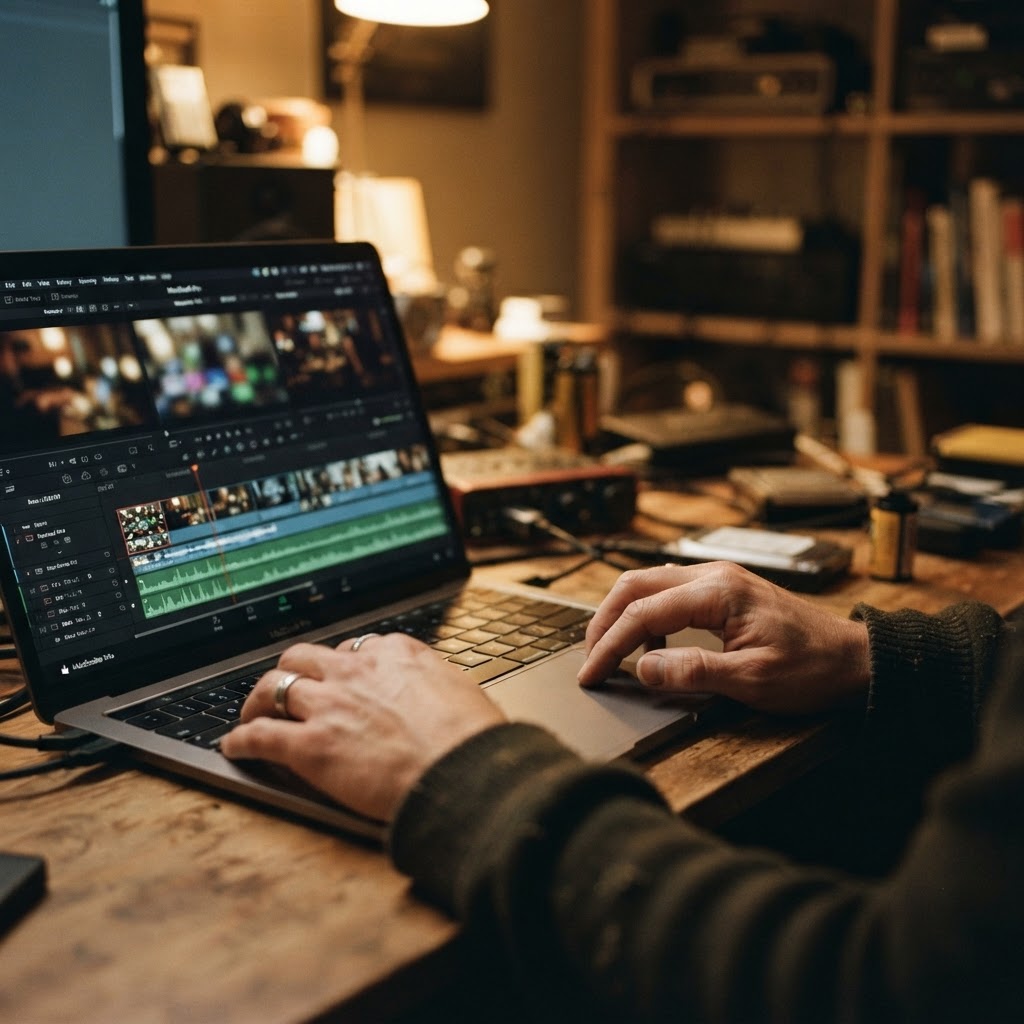 Editing OTS video footage on a laptop timeline