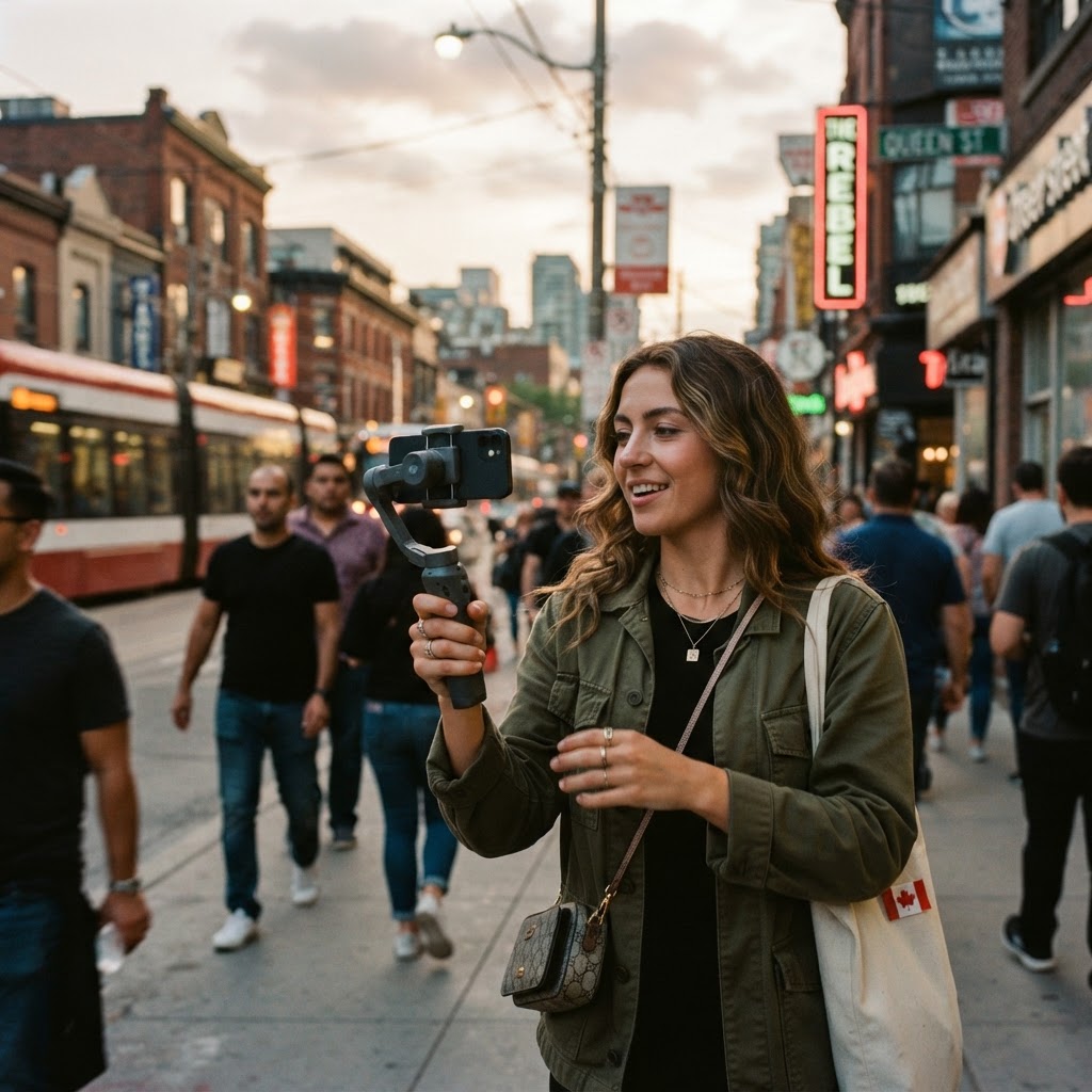 Filming social media content on a Toronto street
