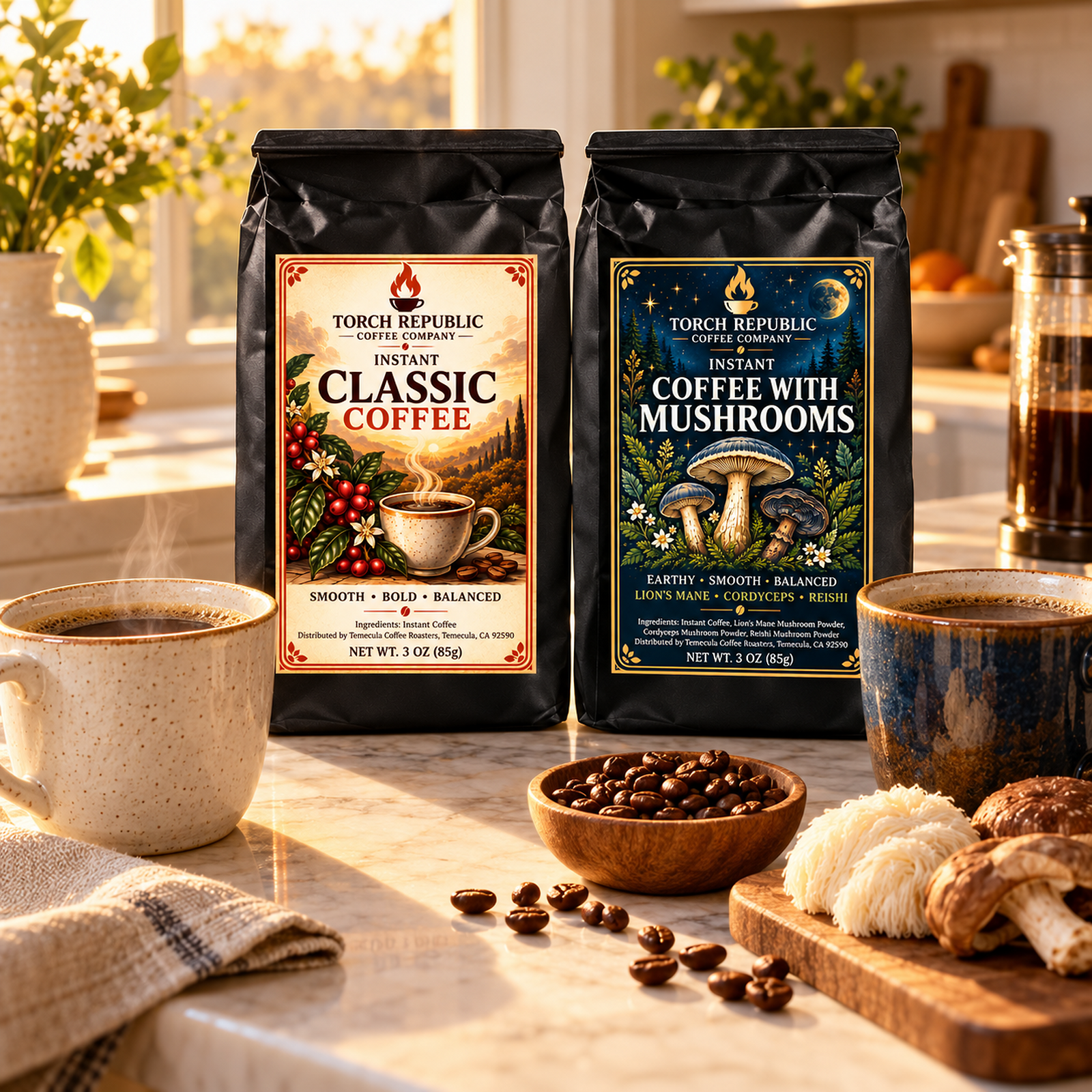 Torch Republic Coffee Duo — the Instant Classic and Instant Mushroom pouches together on a kitchen counter.