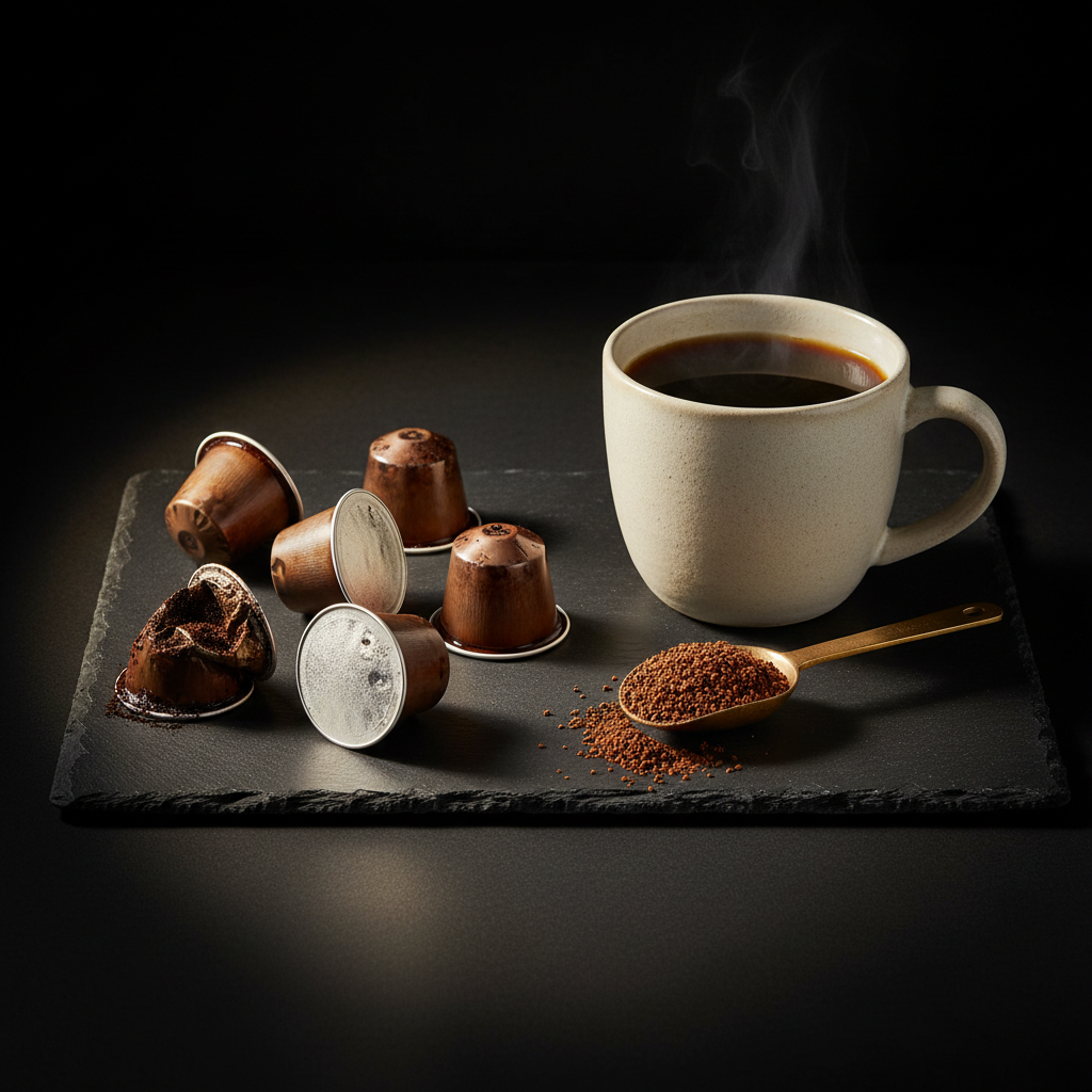 Used single-use coffee pods beside a reusable mug and instant coffee, illustrating questions about coffee waste and convenience.