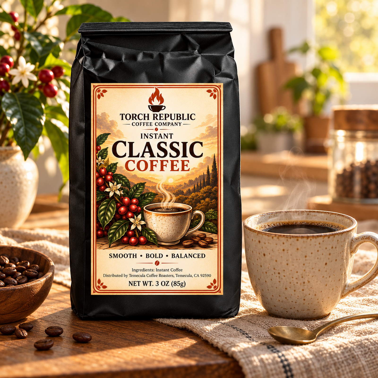 Torch Republic Instant Classic Coffee pouch beside a steaming mug of black coffee on a rustic kitchen table
