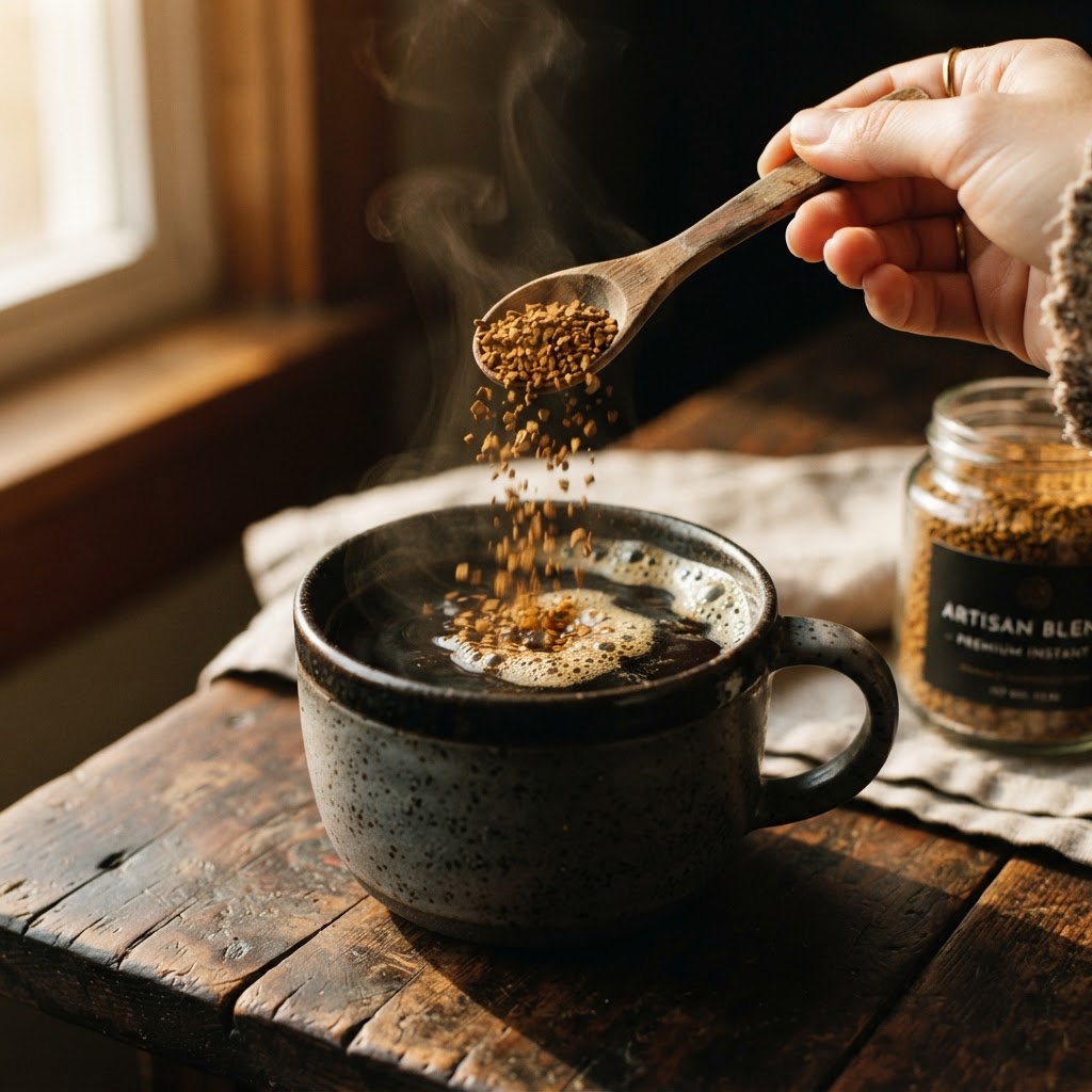 Instant coffee flakes stirred into a hot cup