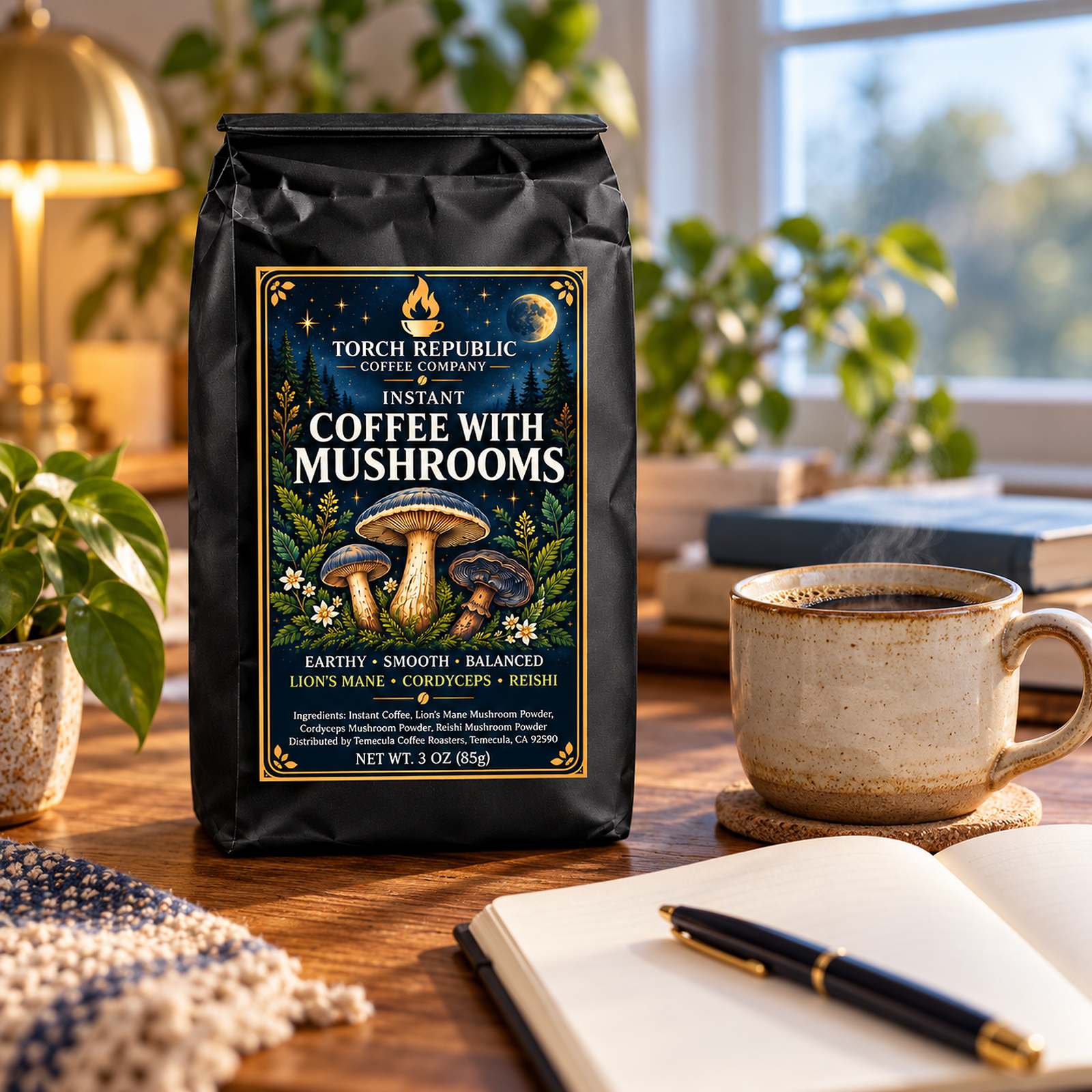 Torch Republic Instant Mushroom Coffee pouch beside a mug of coffee, books and a notebook on a wooden table