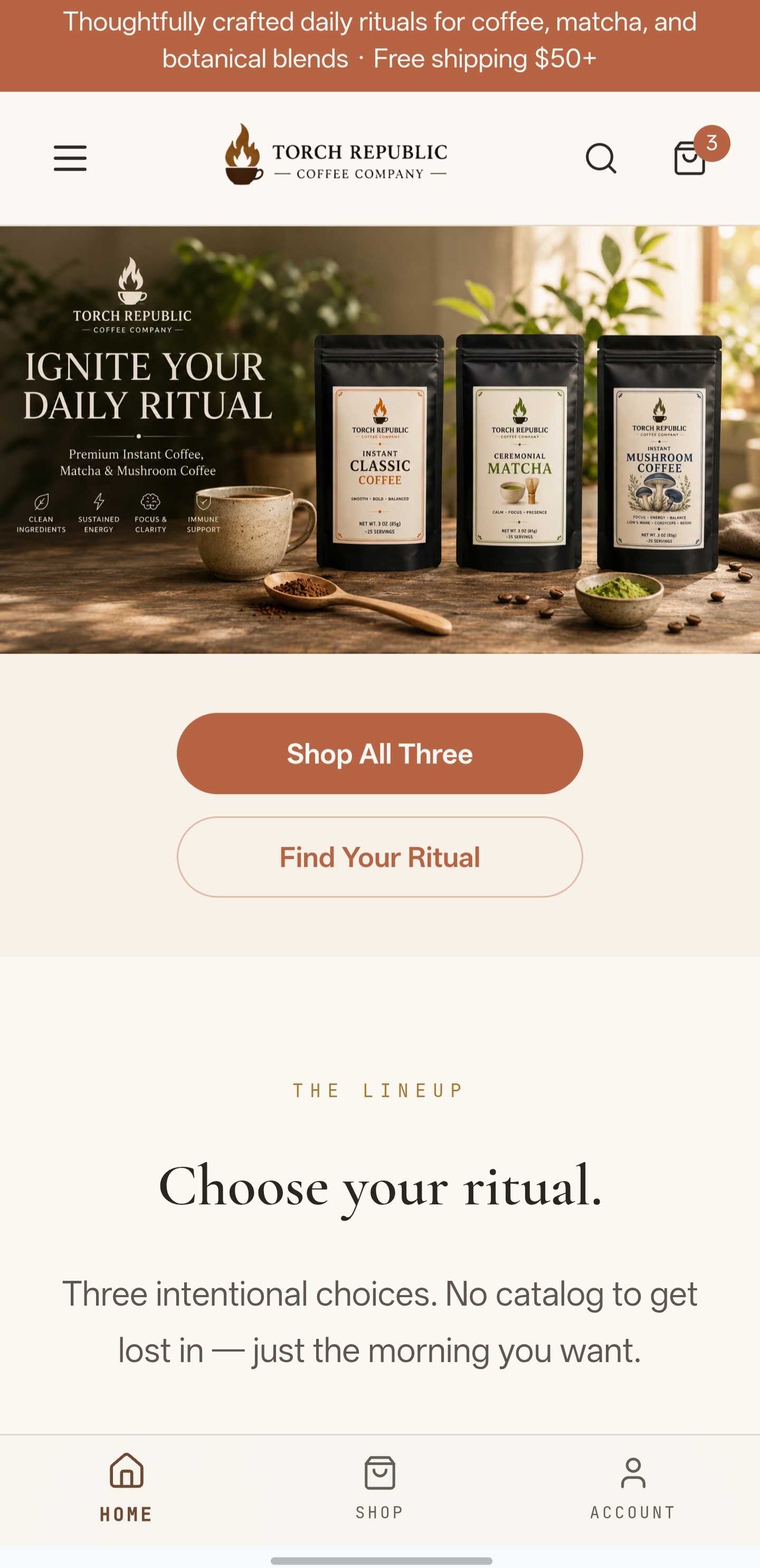 Torch Republic homepage hero with two-product lineup and daily ritual messaging.