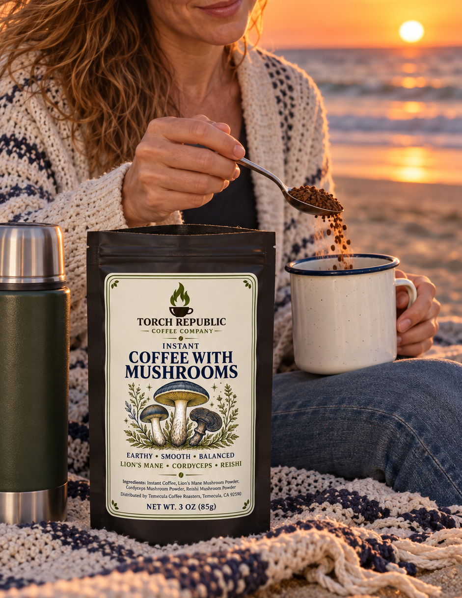 Torch Republic Instant Coffee with Mushrooms poured into a mug at sunset