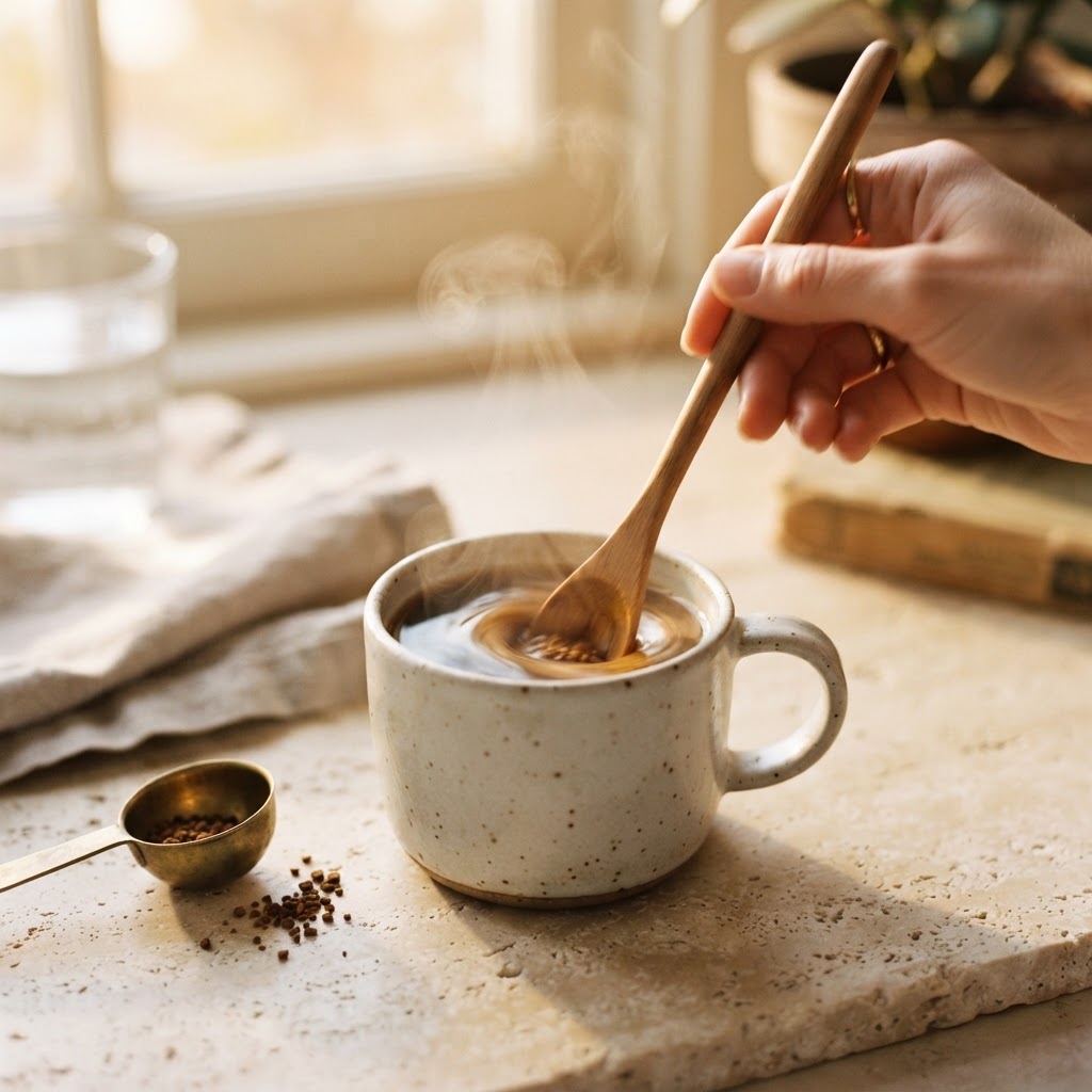 Instant coffee being stirred into a ceramic cup