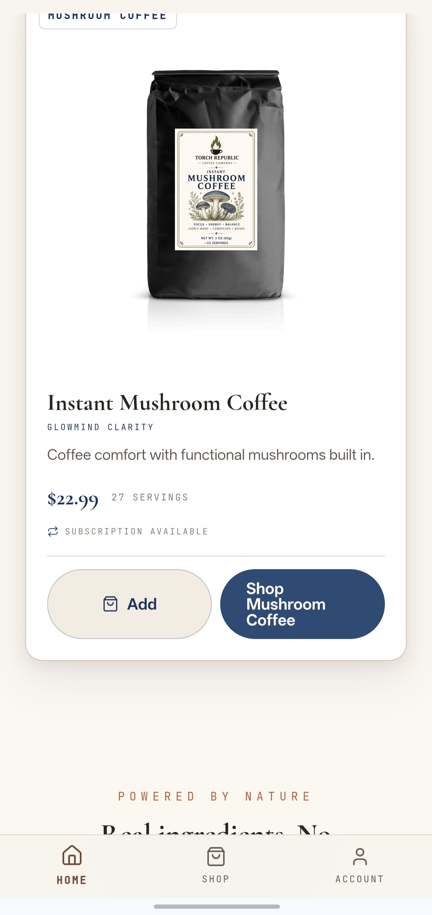 Product card showing Instant Mushroom Coffee at $25.99 with add-to-cart and view-details actions.