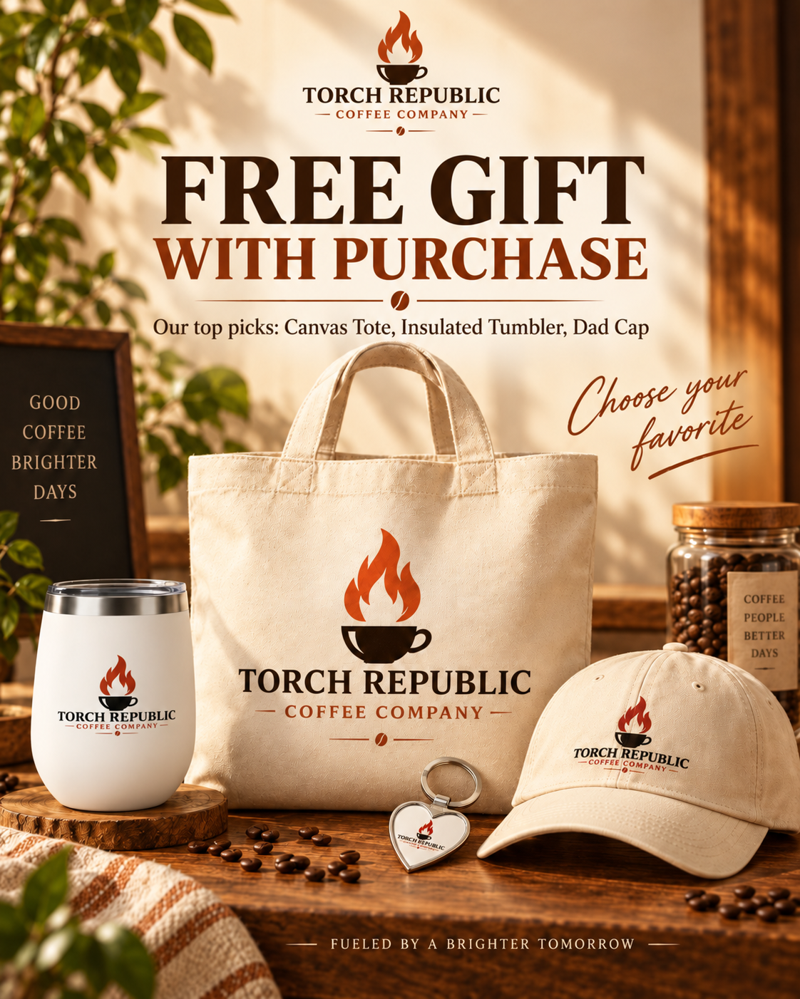 Free gift with purchase — choose from Canvas Tote, Insulated Tumbler, Dad Cap, or Heart Keychain