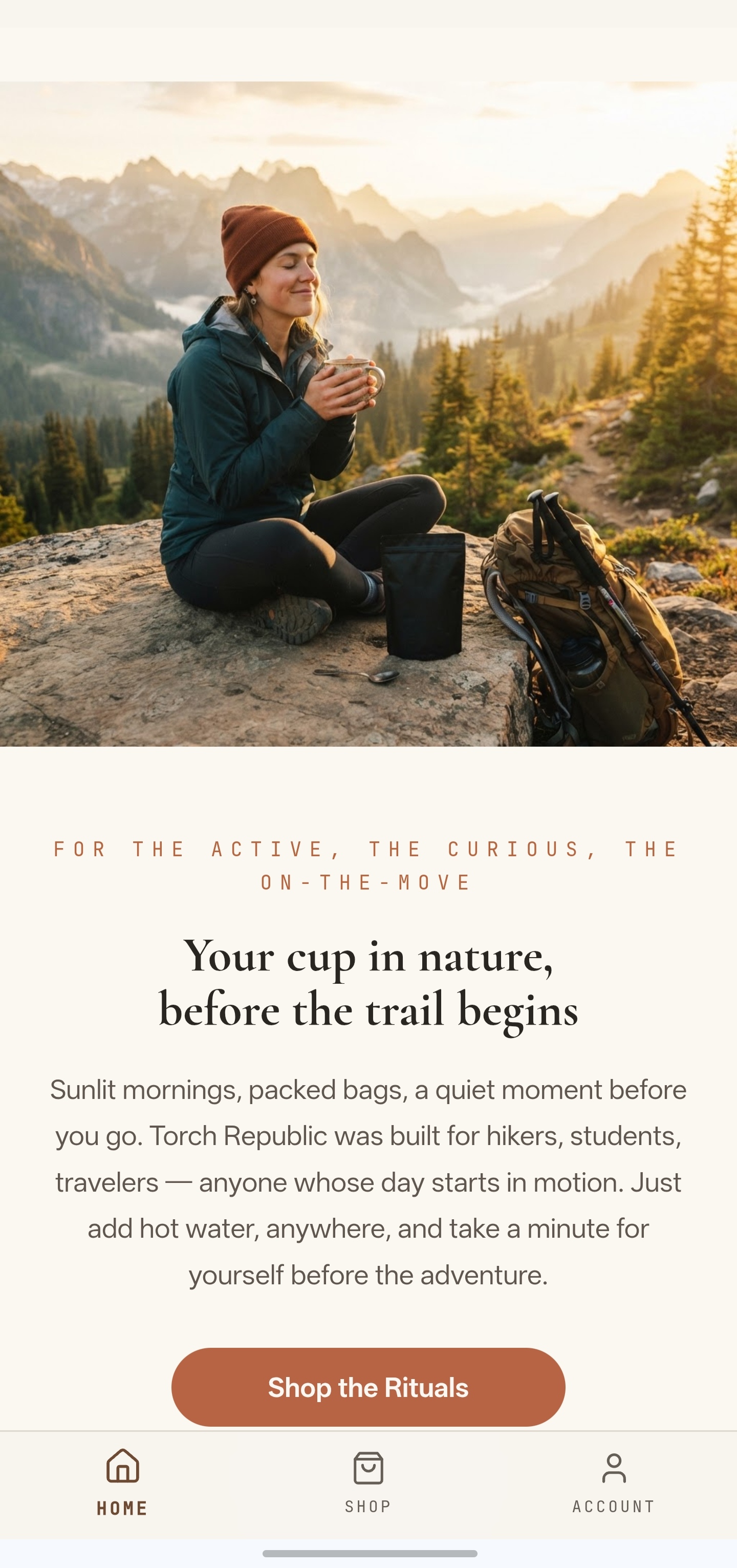 Lifestyle hero showing the daily ritual in an outdoor mountain setting.
